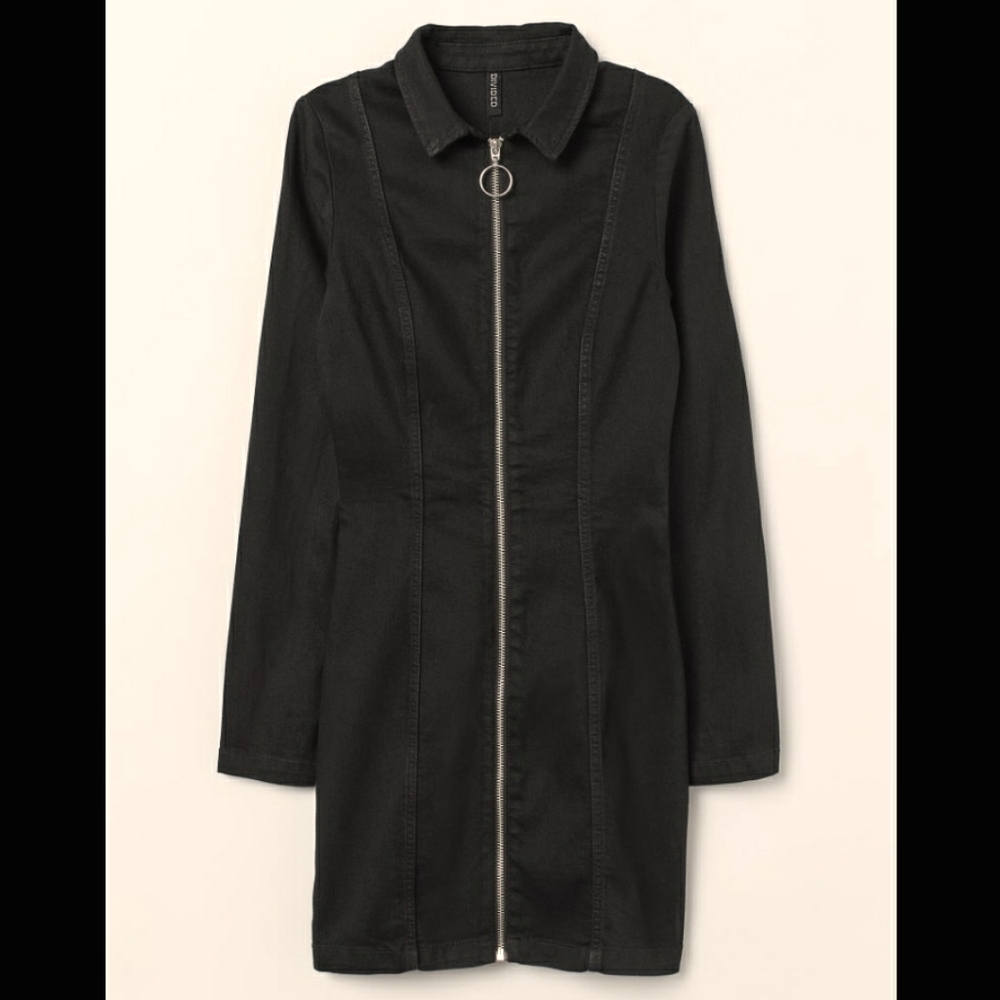 Black Zipper Collared Shirt Dress